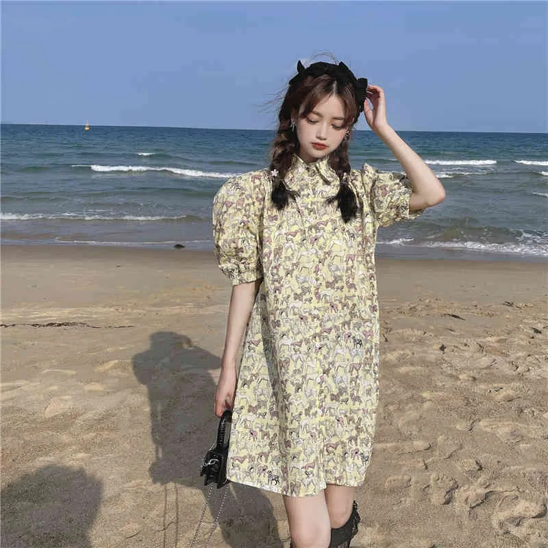 Kimutomo أنيقة الحيوان طباعة قميص اللباس المرأة الصيف الكورية الإناث بدوره أسفل الياقة قصيرة النفخة كم الصدر vestido 210521