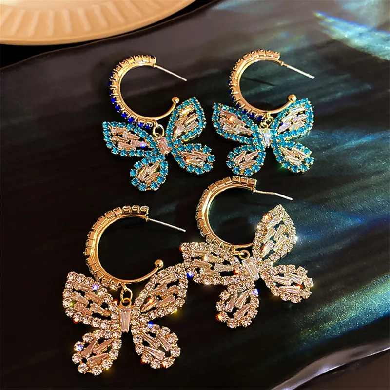 Orecchini pendenti con cristalli di zirconi a farfalla dorata donna Accessori gioielli da festa matrimoni con strass blu