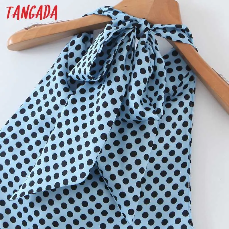 Tangada Mode Femmes Bleu Dot Halter Robe Bow Sans Manches Dames Sexy Robe Midi Robes SL114 210609