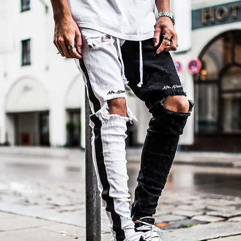 QNPQYX Men's Biker Jeans Spring Knee Holes Ripped Black White Patchwork Jean Trousers Stylish Streetwear For Men