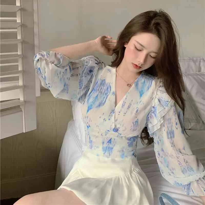 Ezgaga Floral Bluzka Kobiety Chic Latarnia Z Długim Rękawem V Neck Cienkie Lato Nowy Slim Szyfonowe Przeglądanie Retro Sexy Koszulki Koreańskie 210430