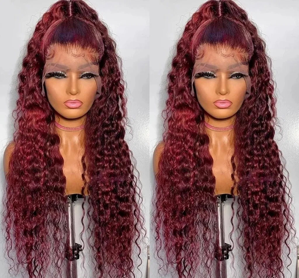 Hair Accessories Curly Human Hair Wigs Wine Red Brazilian Remy Deep Wave Full Lace Front Synthetic Wig 180% Pre Plucked