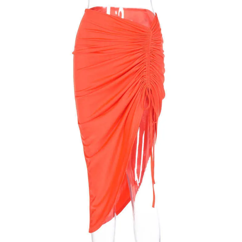 Néon Orange Midi Jupe Femmes Sexy Moulante Jupe Plissée Cordon Irrégulier À Lacets Jupes Femme Robes De Mode Streetwear 210625