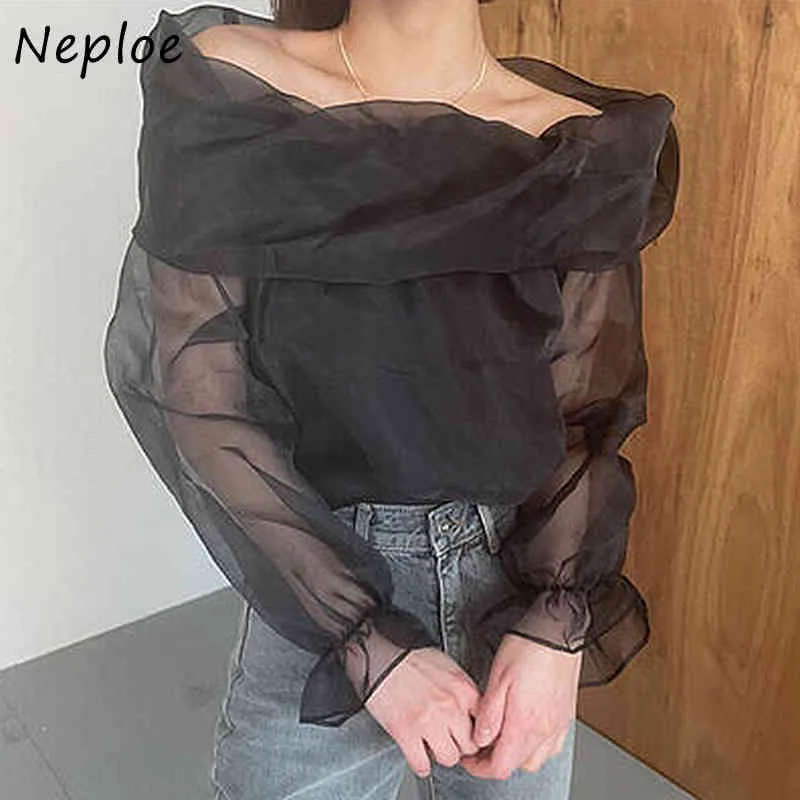 Sexy Slash Neck Ramię Bez Ramiączek Mesh Bluzka Kobiety Sweter Z Długim Rękawem Solid Blusas Spring Shirt Feminino 210422