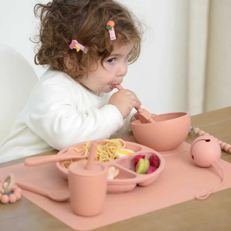 11st Baby Feeding Silicone Dinner Plate Bowl Fork Spoon Kids Porslin Set Fashionable Pure Children's Dishes Stuff 211026