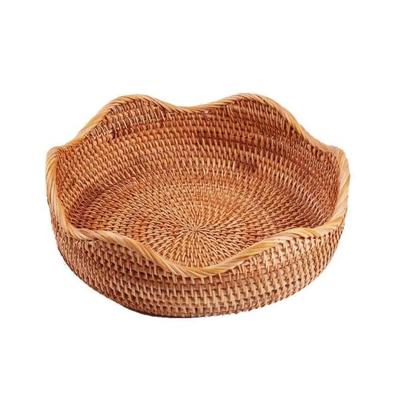 Hadegewebter runder Rattan-Obstkorb aus Korbgeflecht, Essenstablett, Weben, Aufbewahrungshalter, Schüssel für kosmetisches traditionelles Handwerk 210609