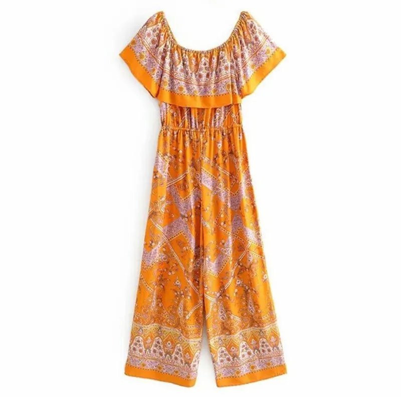 Zomer oranje strapless paisley bloem print korte mouw wijd been jumpsuit vakantie vrouwen boho Passen taille romper overalls 210429