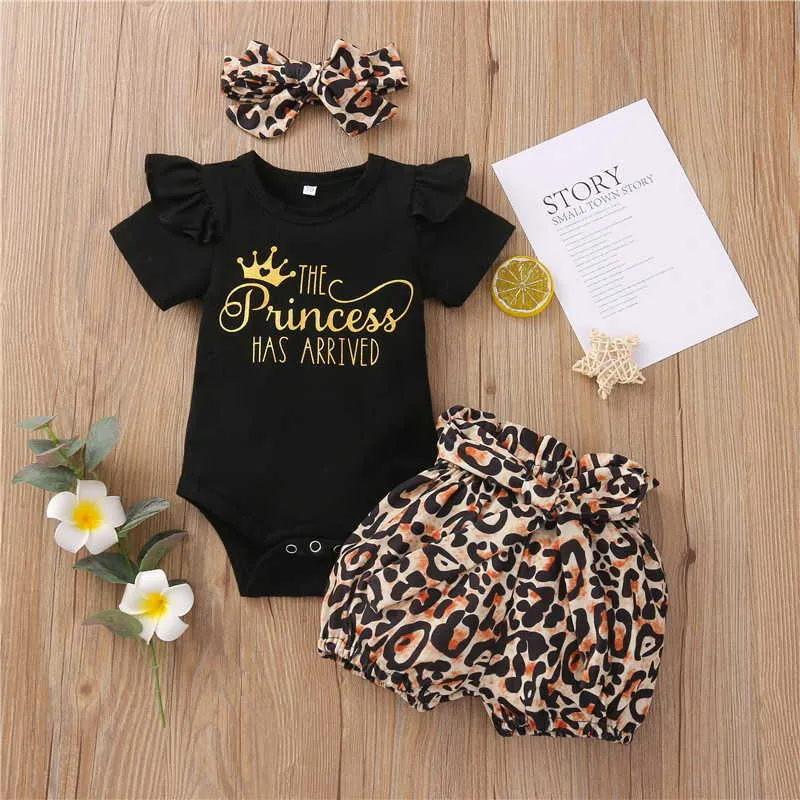 Alla hjärtans dag Flickor Outfits Black Crown Brev Kortärmad Jumpsuit + Leopard Bow Shorts Baby Girl Kläder E22186 210610