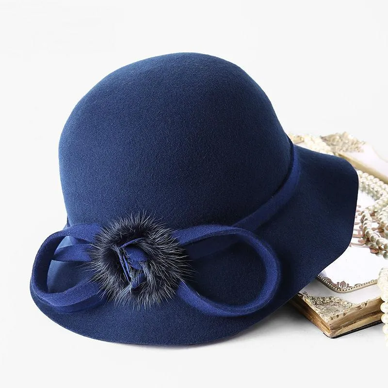 Stingy Brim Hats 2021 Winter High Quality 100% Australia Wool Lady Hat With Fur Flower Women Bowknot Floppy Felt Fedora2795