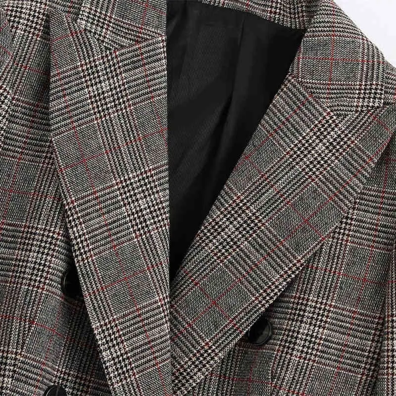 Vintage Woman Gray Plaid Patchwork Blazer Coat Spring Fashion Office Ladies Basic Booton Jackor Kvinnliga Eleganta Coats 210515
