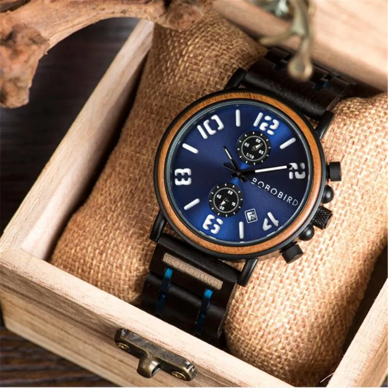 Relogio Masculino Bobo Bird Wooden Watches Men Fashion Luxury Automatic Calendar Luminous Hands Quartz Wristwatch 파티 선물 상자 W257b