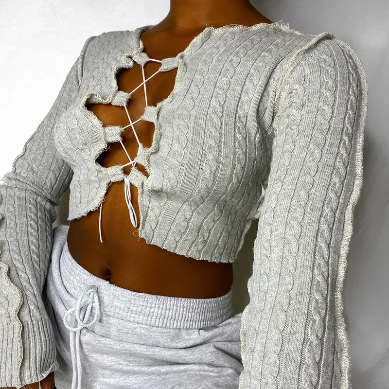 OMSJ Lady Sexy Simple Hollow Out Lace Up Bandage Tops Ribbed Knitting Solid Long Sleeve Slim Women Casual Crop Top Daily Clothes 210517