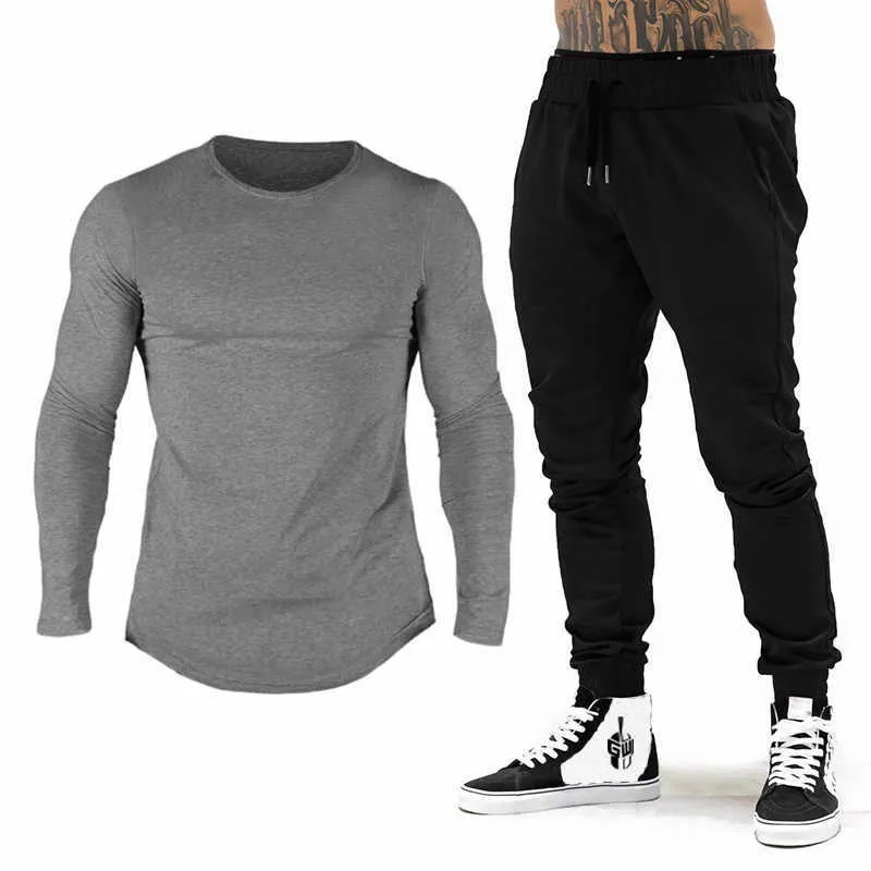 Marka Siłownia Odzież Dres Mężczyźni Bawełna Z Długim Rękawem T-Shirt + Joggers Spodnie Mężczyźni Kulturystyka Fitness Jogging Wymień dresu dupla X0610