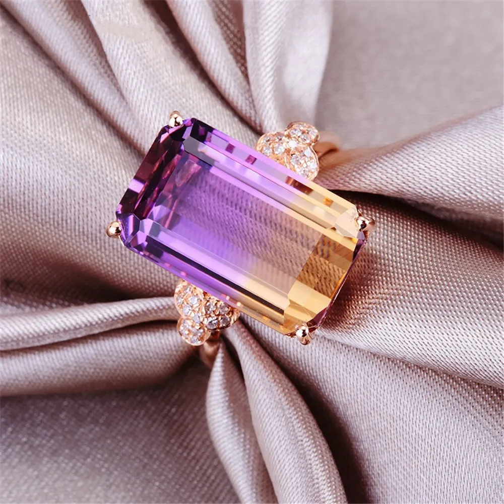 Anneaux de pierres précieuses de couleur en or rose 14K pour femmes Citrine Amethyst Crystal Zircon Diamonds Luxury Cocktail Bague bijoux 9516322