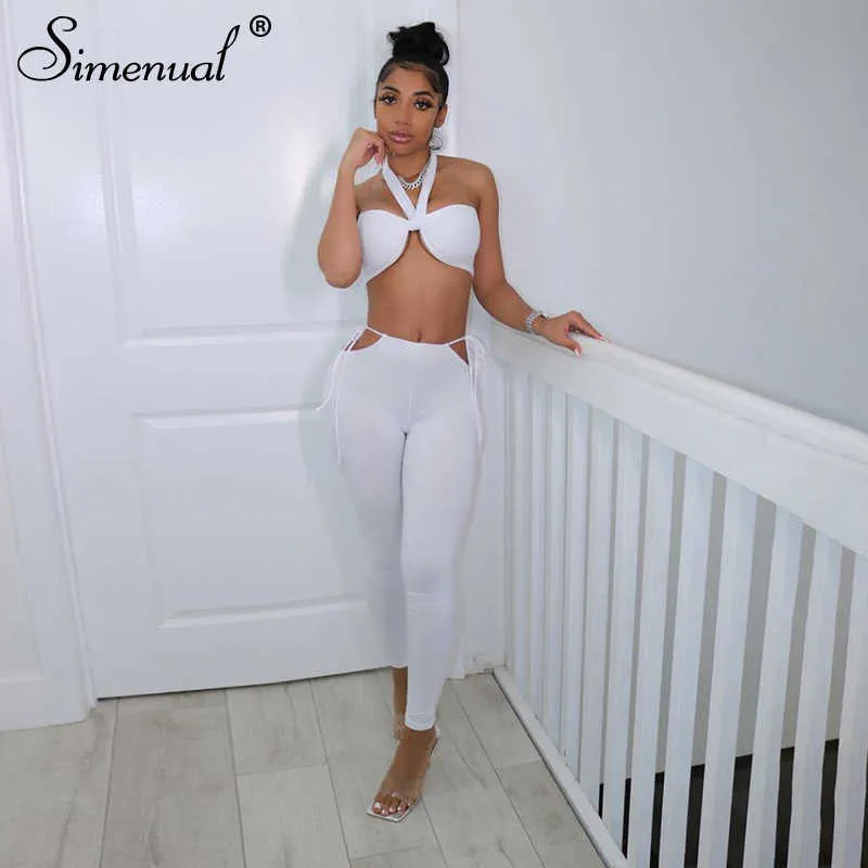 Simenual Criss Cross Bandage Passenden Set Sommer 2021 Club Crop Top Und Hosen Zwei Stück Sets Für Frauen Geraffte Sexy hot Outfits Y0625