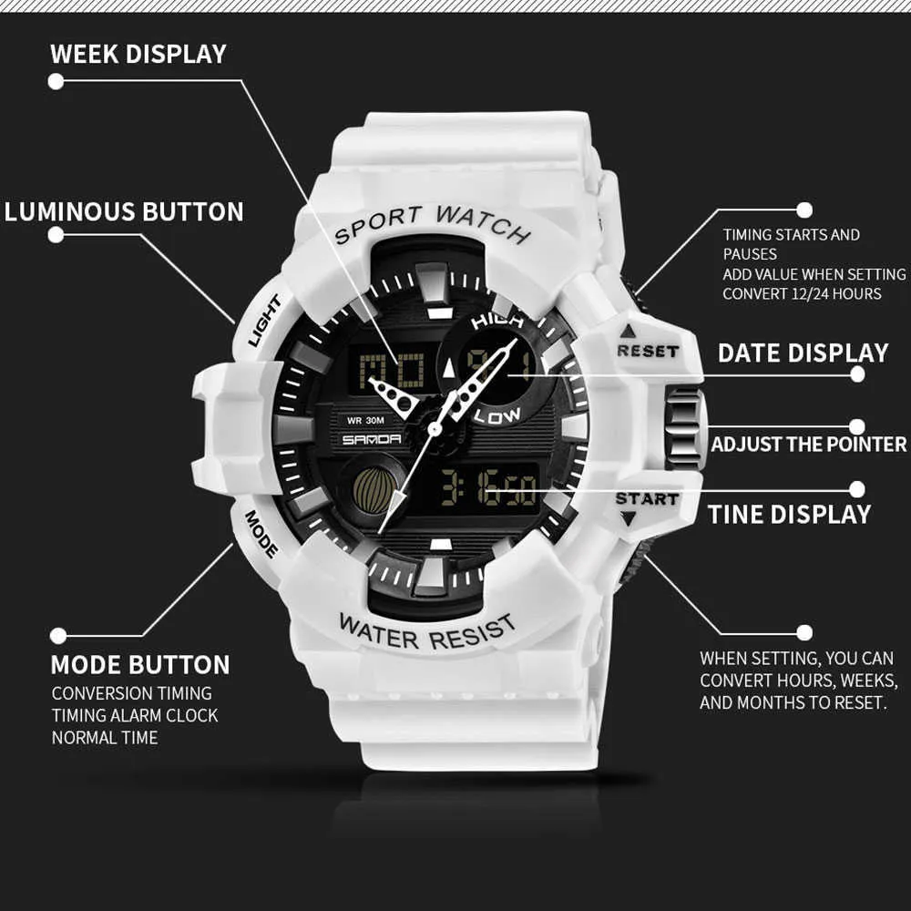 Sanda Men Watches White G Style Sport Watch LEDデジタルウォータープルーフカジュアルウォッチsショック男性時計RelogiosMasculinoWatch Man X0231K