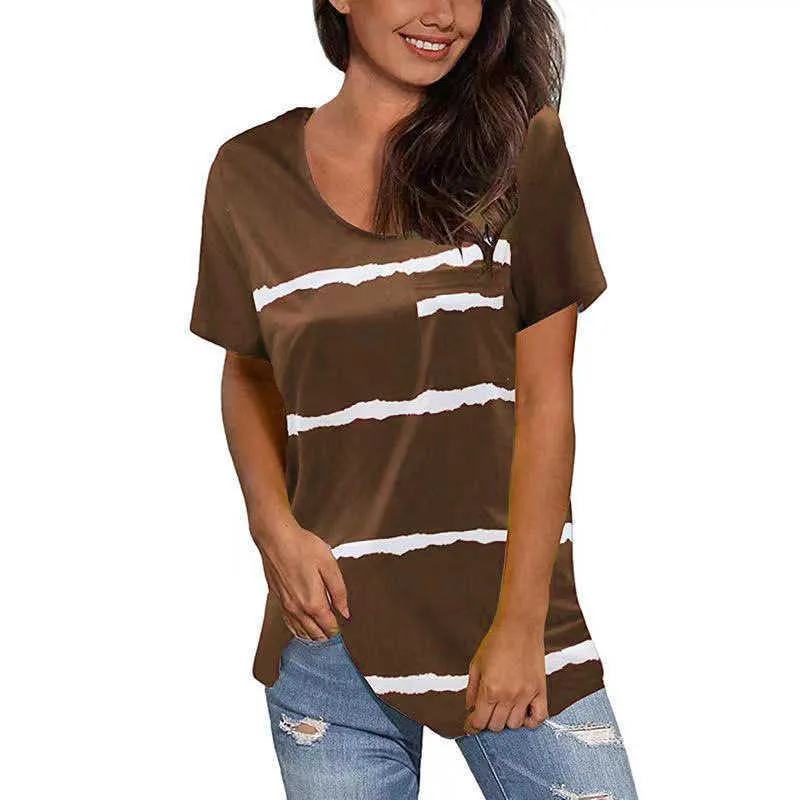여성 느슨한 플러스 사이즈 티셔츠 캐주얼 스트라이프 O 넥 짧은 소매 탑 주머니 여름 여성 인쇄 Streetwear Tee Shirt S-5XL 210526