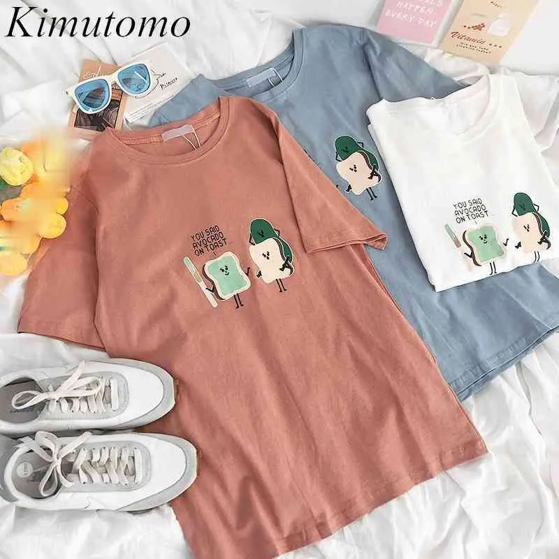 Kimutomo T-shirt stile giapponese Donna Cartoon Stampa lettera O-Collo Manica corta Top semplici Moda estiva allentata 210521
