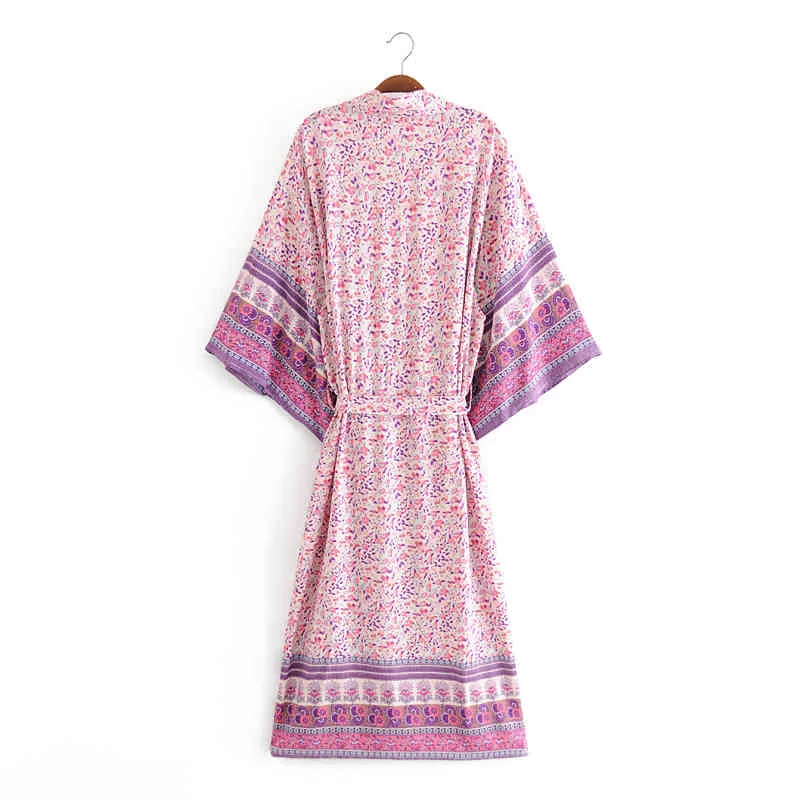 beauty Boho Vintage Print Cotton Long Kimono Women Holiday V-neck Ladies Dresses Female Loose Beach Wear 210514