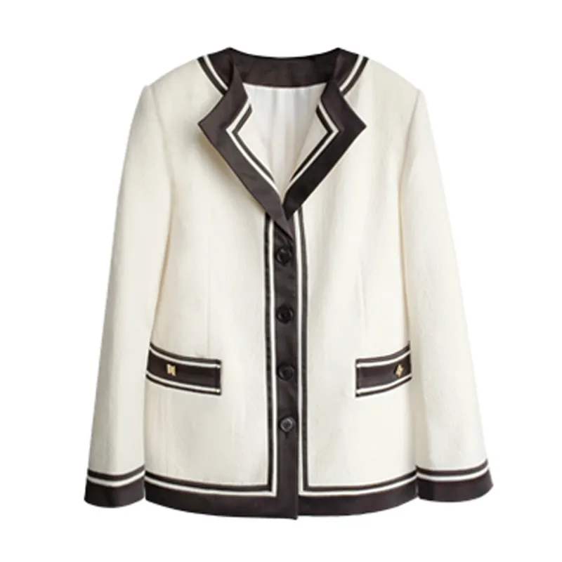 Blanc Col Encoche À Manches Longues Poche Casual Chic Femmes Blazer Simple Boutonnage C0538 210514