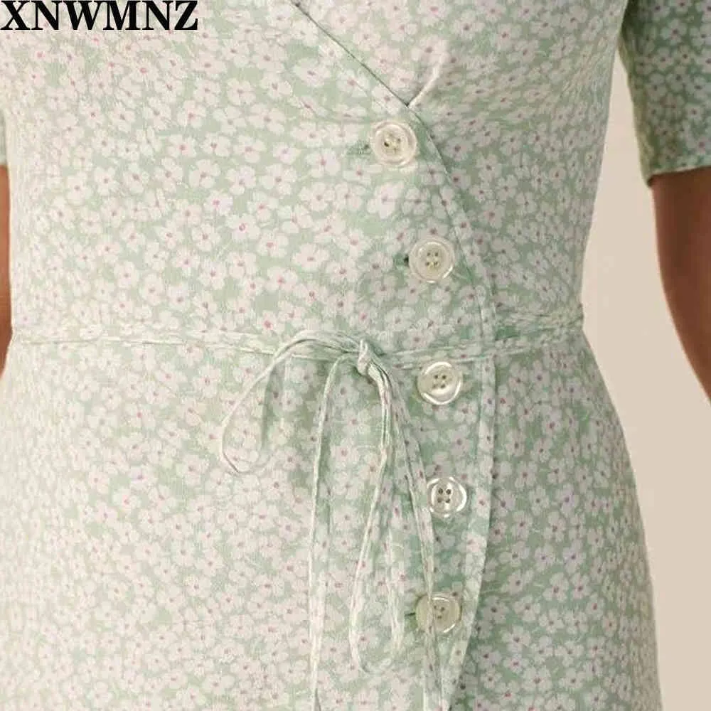 France Green pastel hydrang Print vestido Fashion fastening tie side Buttons women midi dress Vintage Gabin wrap 210520