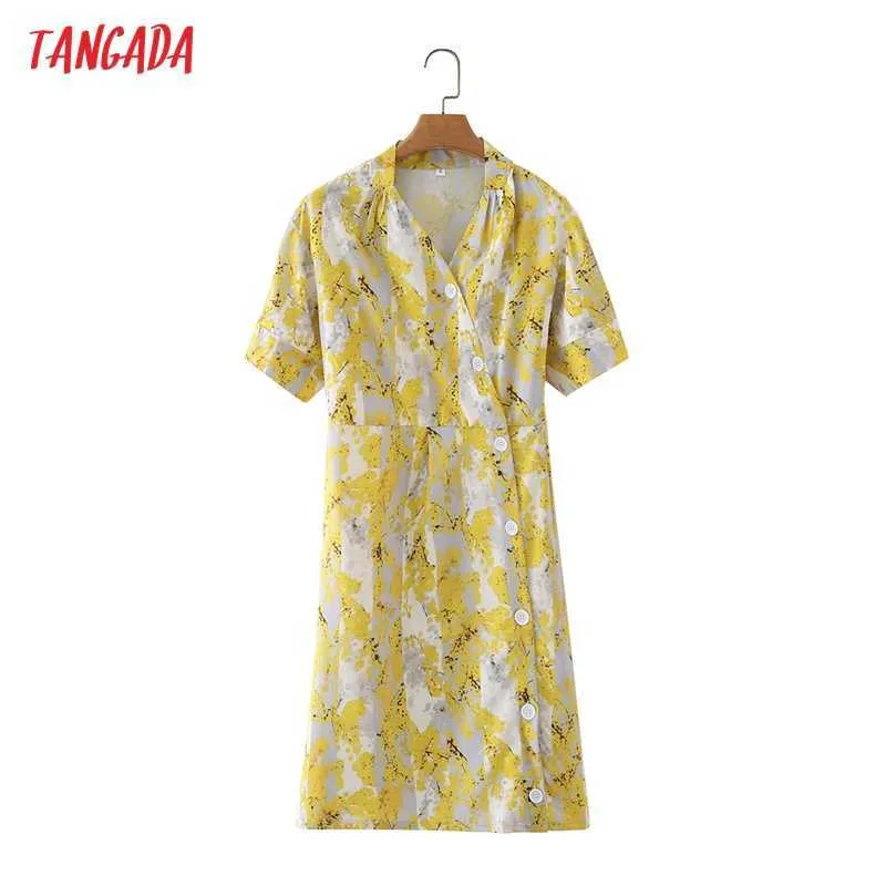 Tangada été femmes fleurs jaunes imprimer robe de style français boutons à manches courtes dames robe d'été 3Y10 210609