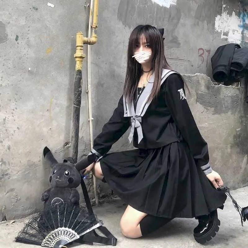 İki parçalı kolej tarzı kadın öğrenci takım elbise alt dönemi koyu siyah siyah kötü jk üniforma etek denizci japon coll 210526