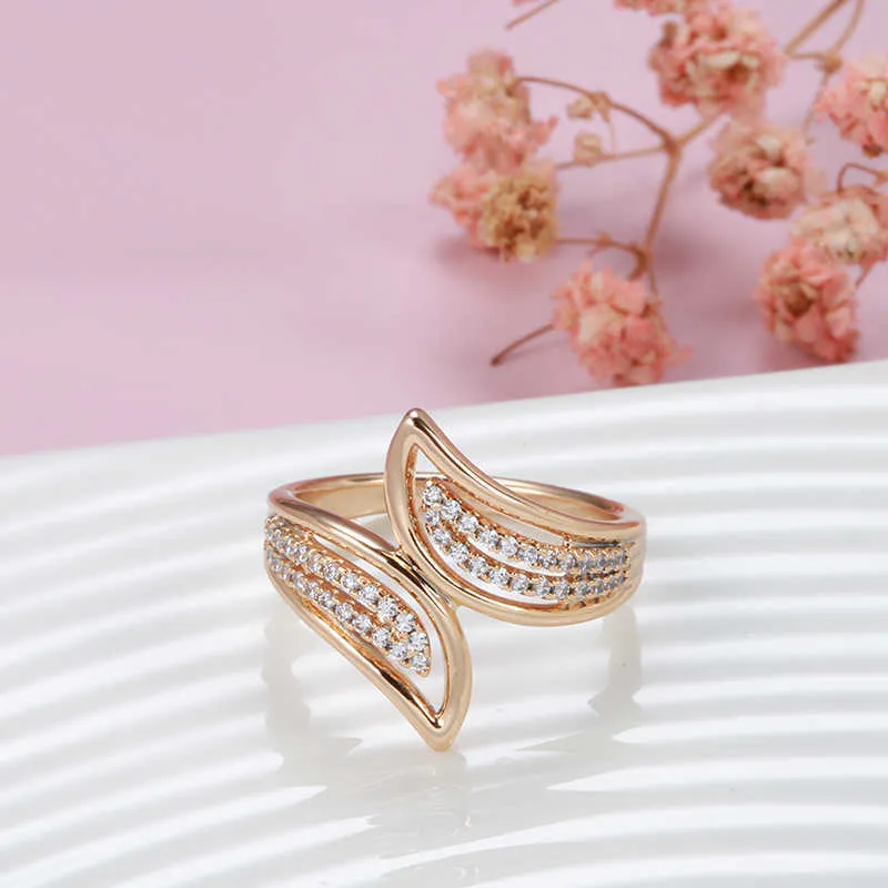 Kinel New Fine Hyperbole Curve Women Rings Micro Wax Inlay White Natural Zircon 585 Rose Gold Fashion Jewelry Unique Cross Ring X0715