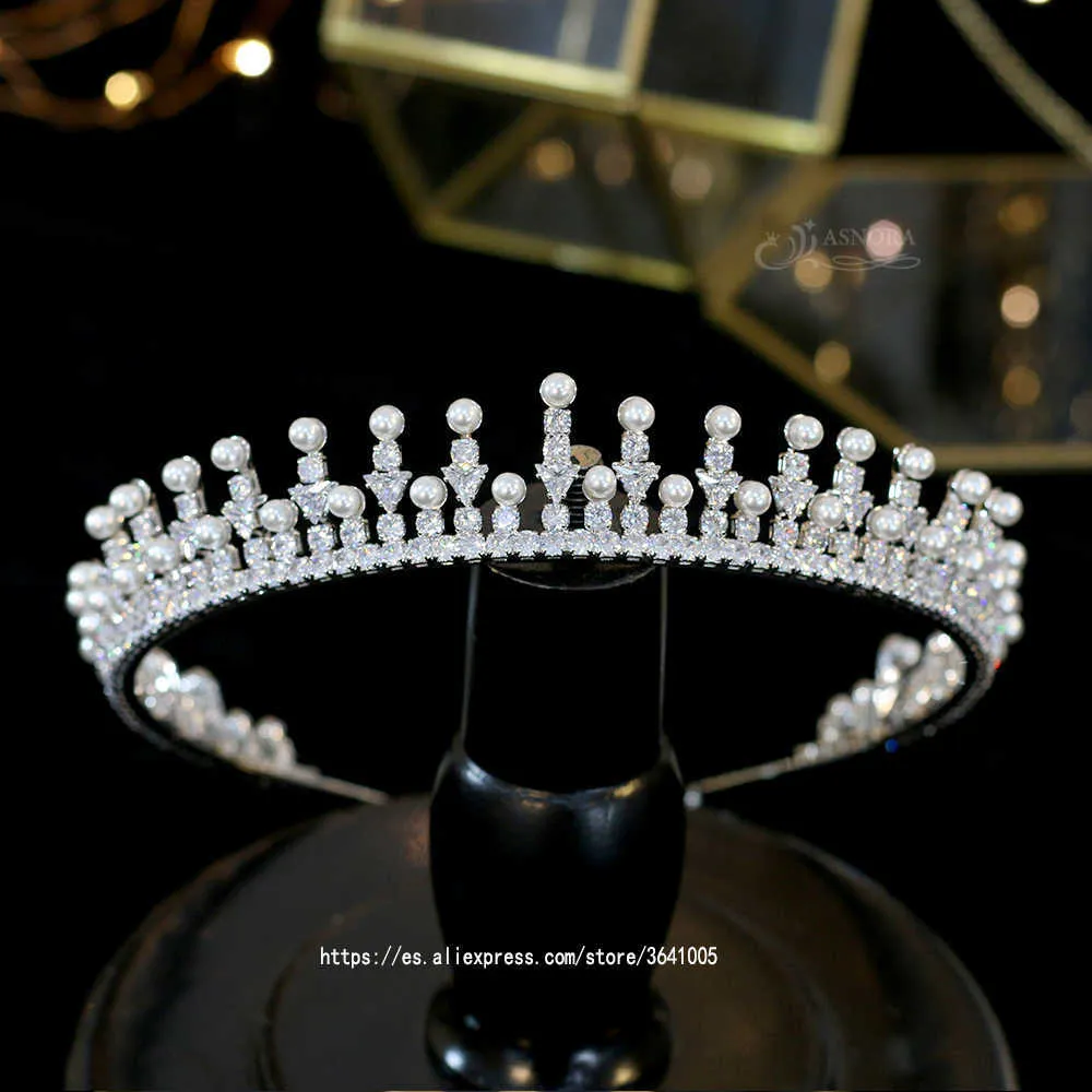 Asnora tiara cubic zirconia kvinnlig förlängning pärla krona brud smycken parade huvudbonad full bröllop hår tillbehör x0625