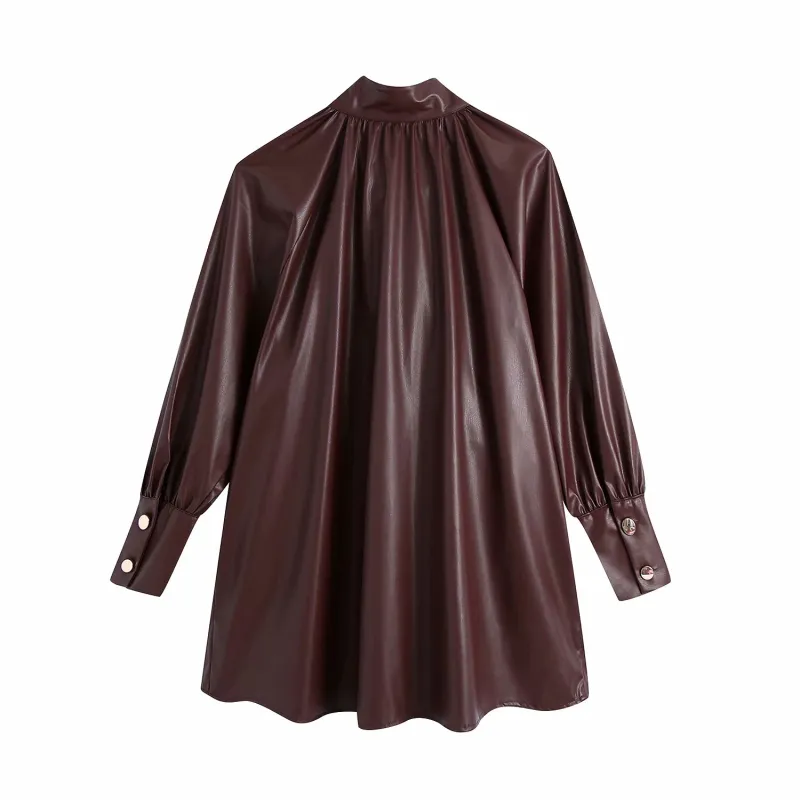 Vintage mujer suelta Borgoña drapeado PU blusa moda señoras otoño gran tamaño camisa de un solo pecho mujer Casual Top 210515
