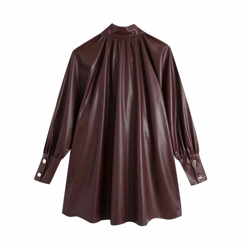 Vintage Woman Loose Burgundy Draped PU Blouse Fashion Ladies Autumn Oversized Single Breasted Shirt Female Casual Top 210515