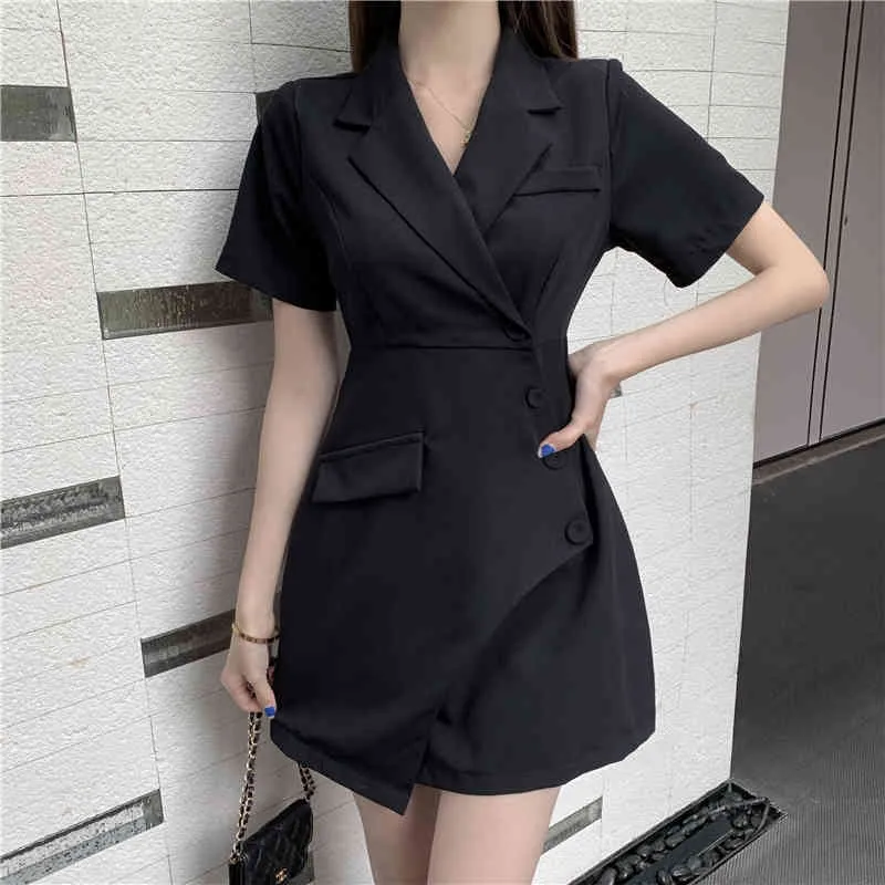 Irregular Design Black Suit Dress For Women Summer Fashion Sexy V Neck Short Sleeve Office Style Female Mini Dresses 210515