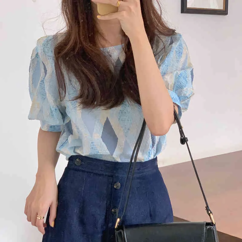 Loose Blue Casual Geometric Puff Sleeves Summer Pullovers Gentle Lady Femme Tops Sweet Clothe Blouses 210525