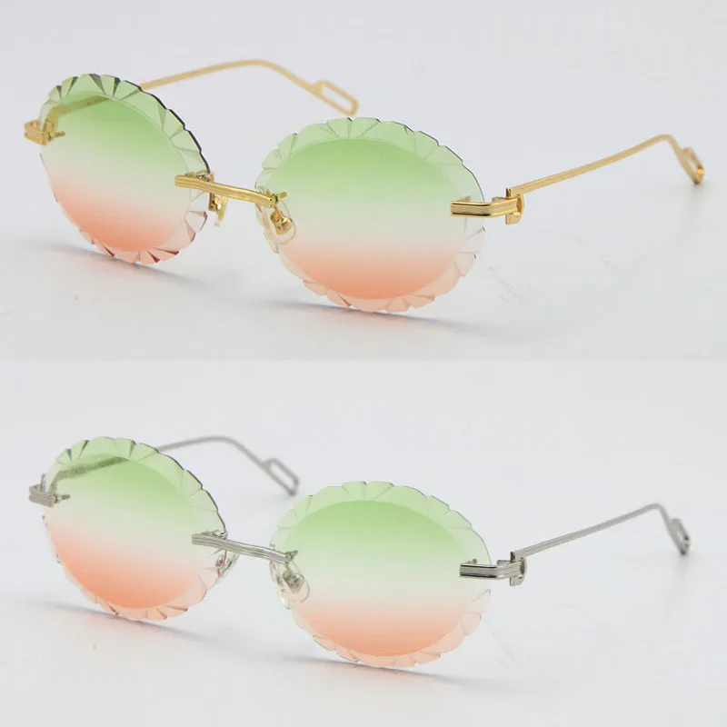 Óculos de sol redondos grandes, sem aro, para homens e mulheres, esculpido, lentes com corte de diamante, design de meia armação Adu209Q