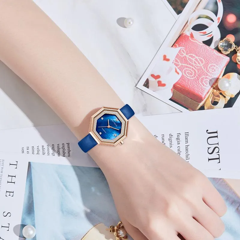 Armbanduhren Damen Leder Strass Uhr Silber Armband Quarz Wasserdicht Lady Business Analoge Uhren Rosa Blaues Zifferblatt Whatches332J