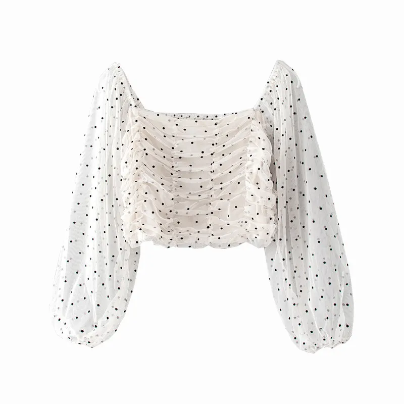 Stilvolle Polka Dot Mesh Crop Blusen Frauen Durchsichtig Drei Viertel Hülse Weibliche Shirts Chic Tops Blusas Femininas 210430