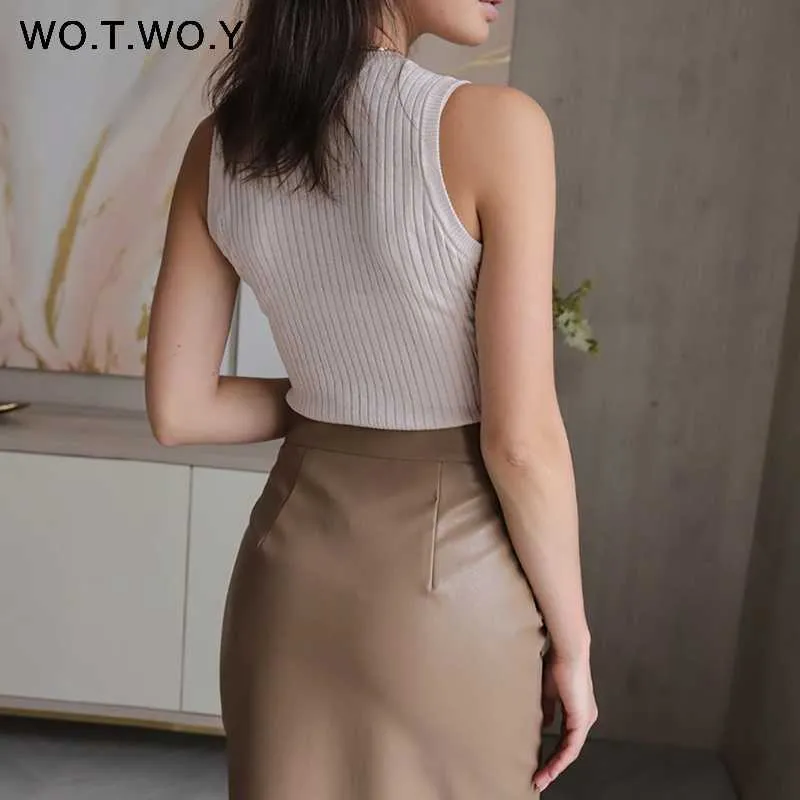 WOTWOY Elengant High Waist Leather Penci Skirt Women Multi Button Wrapped Skirts Mujer Faldas Solid Pockets Femme Jupes 210621