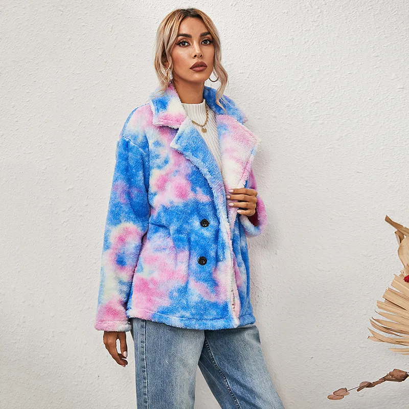 Autumn fleece Button coat jacket Women's Winter Tie-dye print double-sided plush long-sleeved double-breasted padded jacket 210514