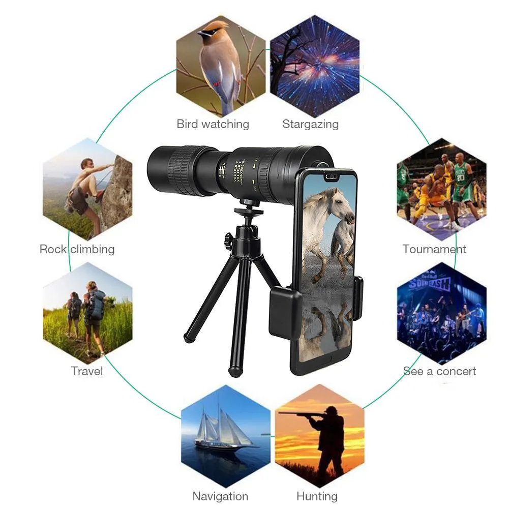 4K 10-300X40mm Super Telepo Zoom monoculaire télescope Portable plage voyage Camping prend en charge Smartphone pour prendre des photos