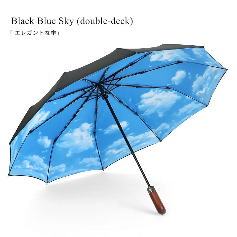 Parapluie Double couche entièrement automatique à trois plis, coupe-vent pour femmes, 10 os, poignée en bois, grands parapluies d'affaires pour hommes