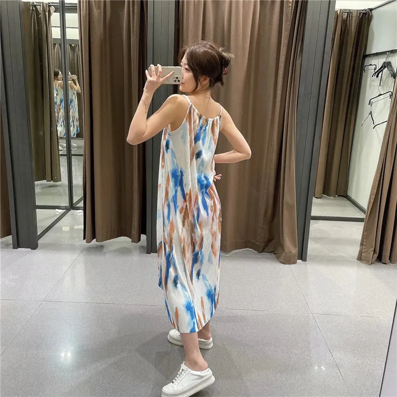 Sommerkleid Tie Dye Slip Long ES Frau Chic Plissee Rückenfrei Sexy Strand Frauen Urlaub Casual ES 210519