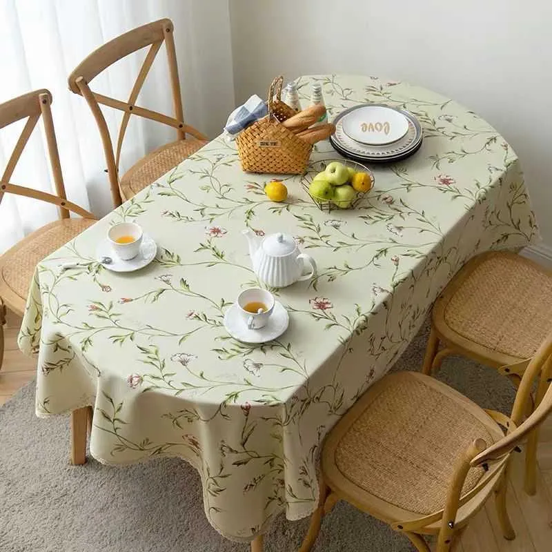 Modern Printed Flowers Oval Dining Tablecloth Cotton Linen Coffee Tea Table Cloth Cover With Lace For Home Outdoor Decoration 21065588320