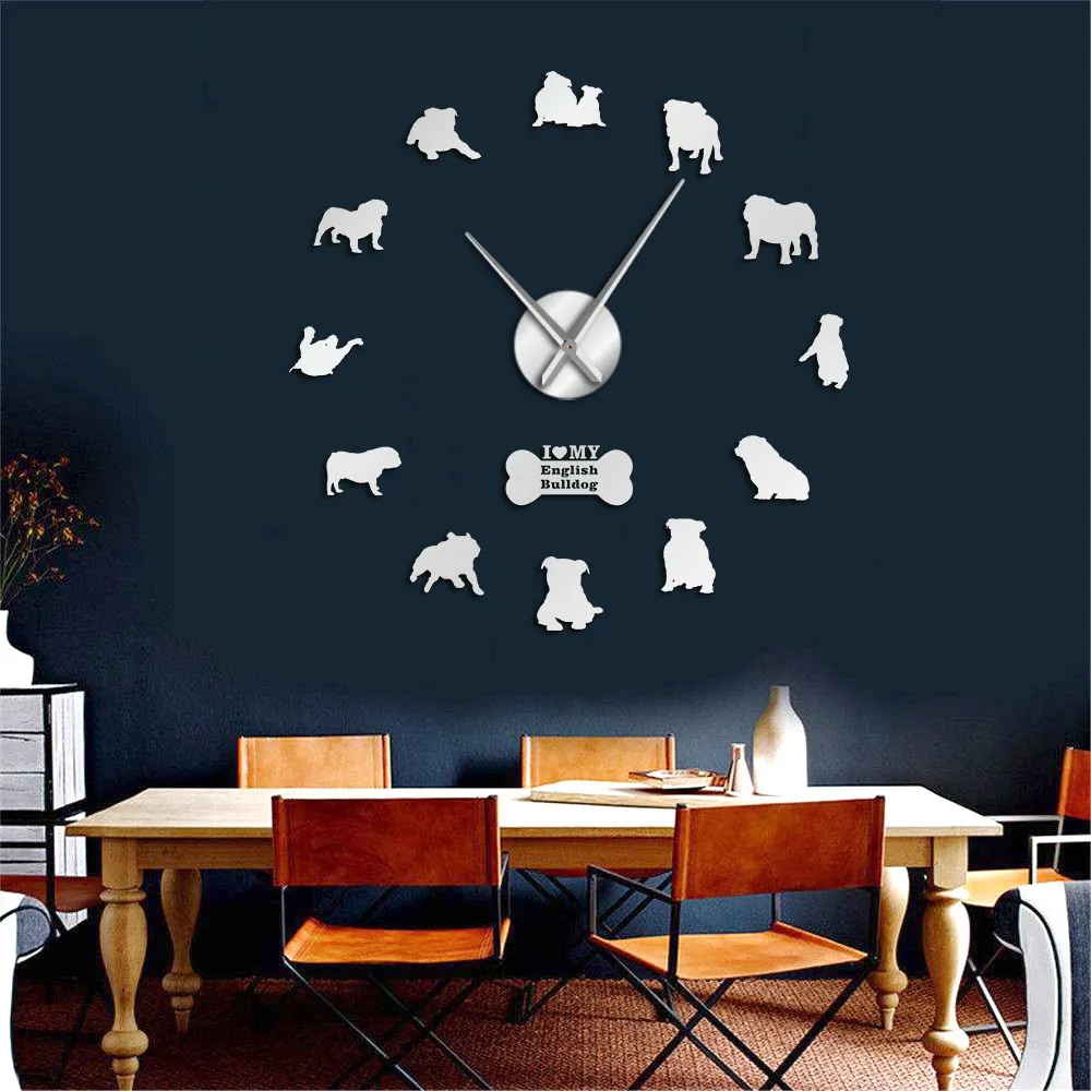 Inglês Home Decor Britânico Bulldog Silhuetas Arte DIY Grandes relógios Grande Tempo Relógio de Parede 210325