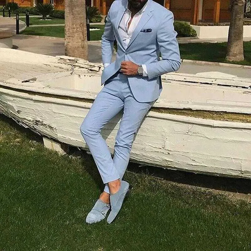 Light Sky Blue Slim Fit Mens Prom Suits Notched Lapel Groomsmen Beach Wedding Tuxedos For Men Blazers Jacket+Pant X0909