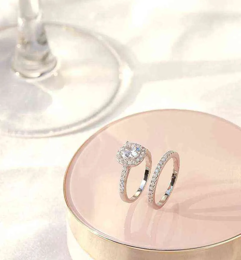 1,25CT 925 Стерлинговые серебряные серебряные кольца для кубического циркония Halo CZ Унижению Свадебные полосы для женщин Обещают 211217