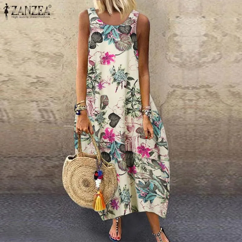 Zanzea zomer vrouwen vintage mouwloze jurk bloemen gedrukt lange jurk katoen linnen sundress baggy beach vestido sarafans 5XL 7 x0521