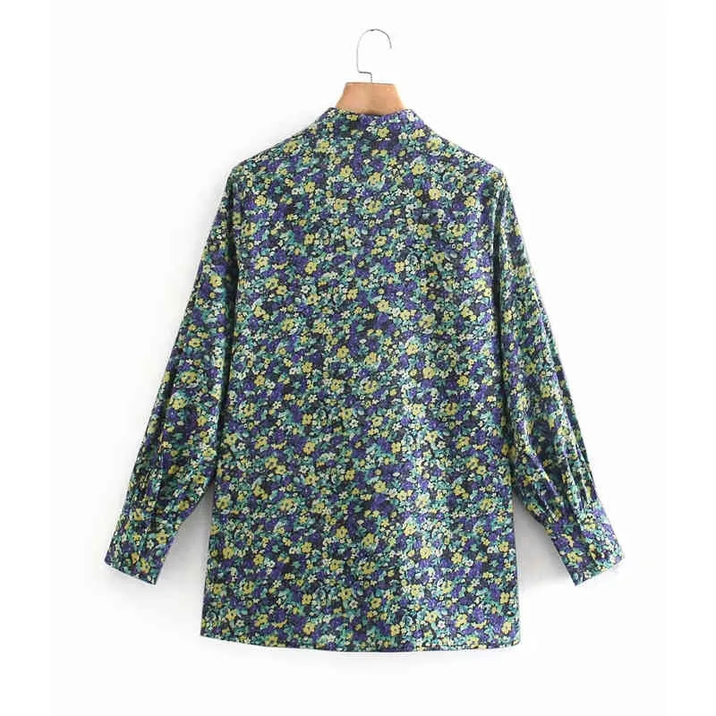 Spring Green Floral Print Women Shirts Vintage Long Sleeve Button Up Shirt Female Streetwear Casual Woman Blouse 210519