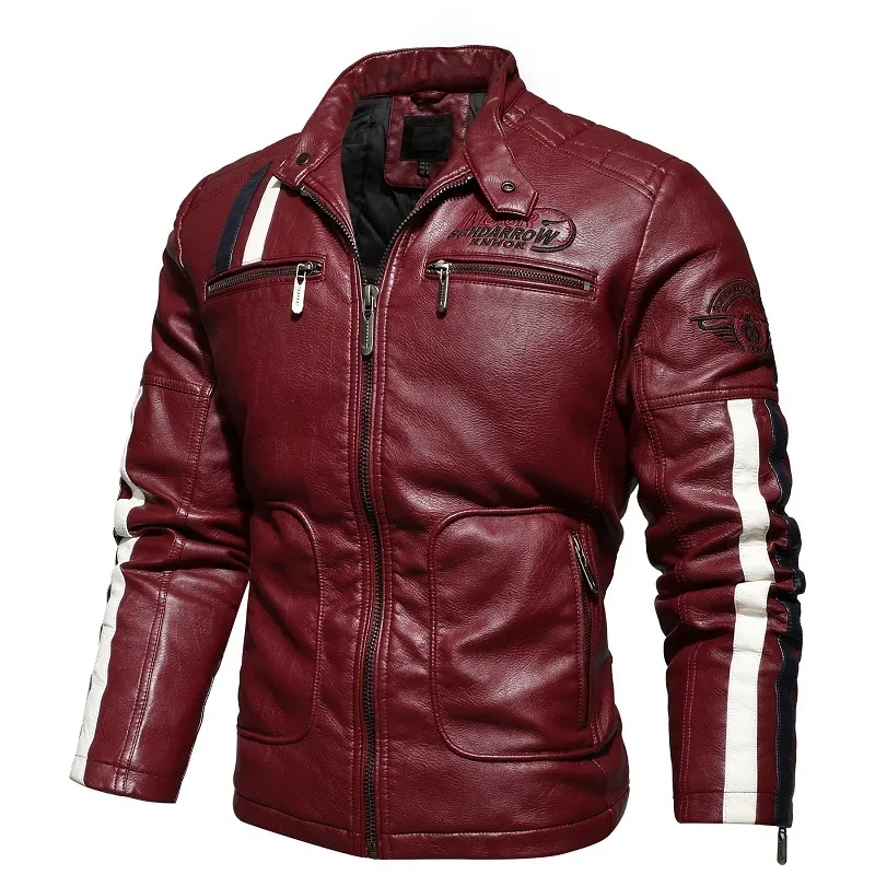 Heren Motorjas 2021 Herfst Winter Mannen Faux Pu Lederen Jassen Casual Borduren Biker Jas Rits Fleece Mannelijke Jas 220211