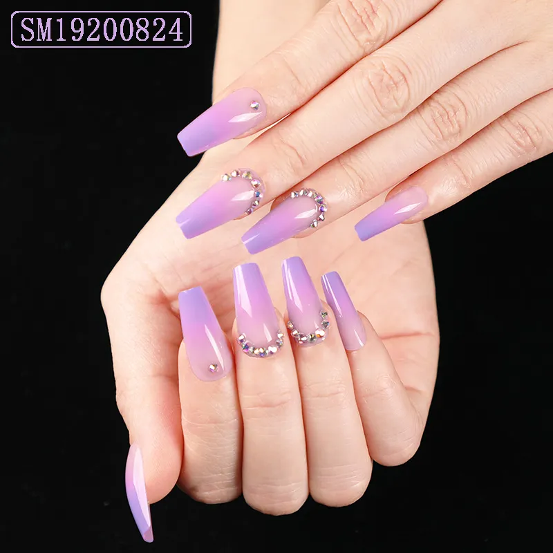 French Rhinestone Purple Ombre Fake Nails Ballerina Long Glossy Coffin Press on Nail False Tips Artificial Finger Manicure 