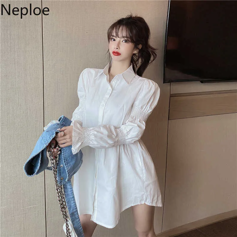 Neploe Korean Suit Set Loose Puff Sleeve White Blouse Tops Slim Waist Irregular Cowboy Vest Two Piece Outfits for Women 210730